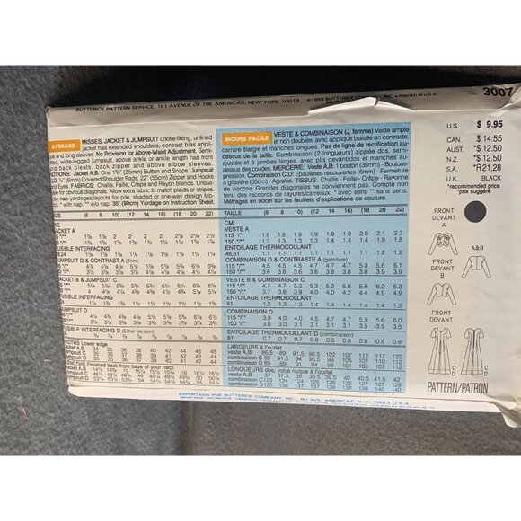 Butterick Misses Jacket Jumpsuit Sewing Pattern Sz 12-16 3007 - uncut - Picture 4 of 4